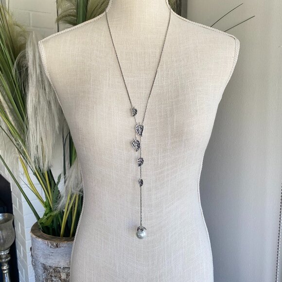 Silver Tone Long Crystal Leaves Pearl Drop Necklace - Picture 2 of 10